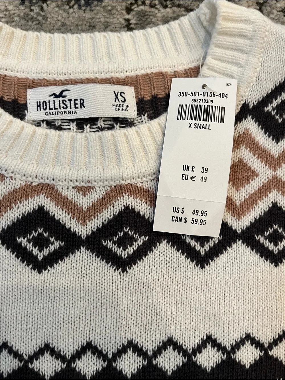 Hollister Cream Crewneck Sweater with Black and Tan Fair Isle